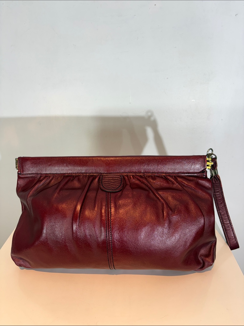 Vintage Oxblood Leather Wristlet Clutch burgundy  Hinged Frame Bag